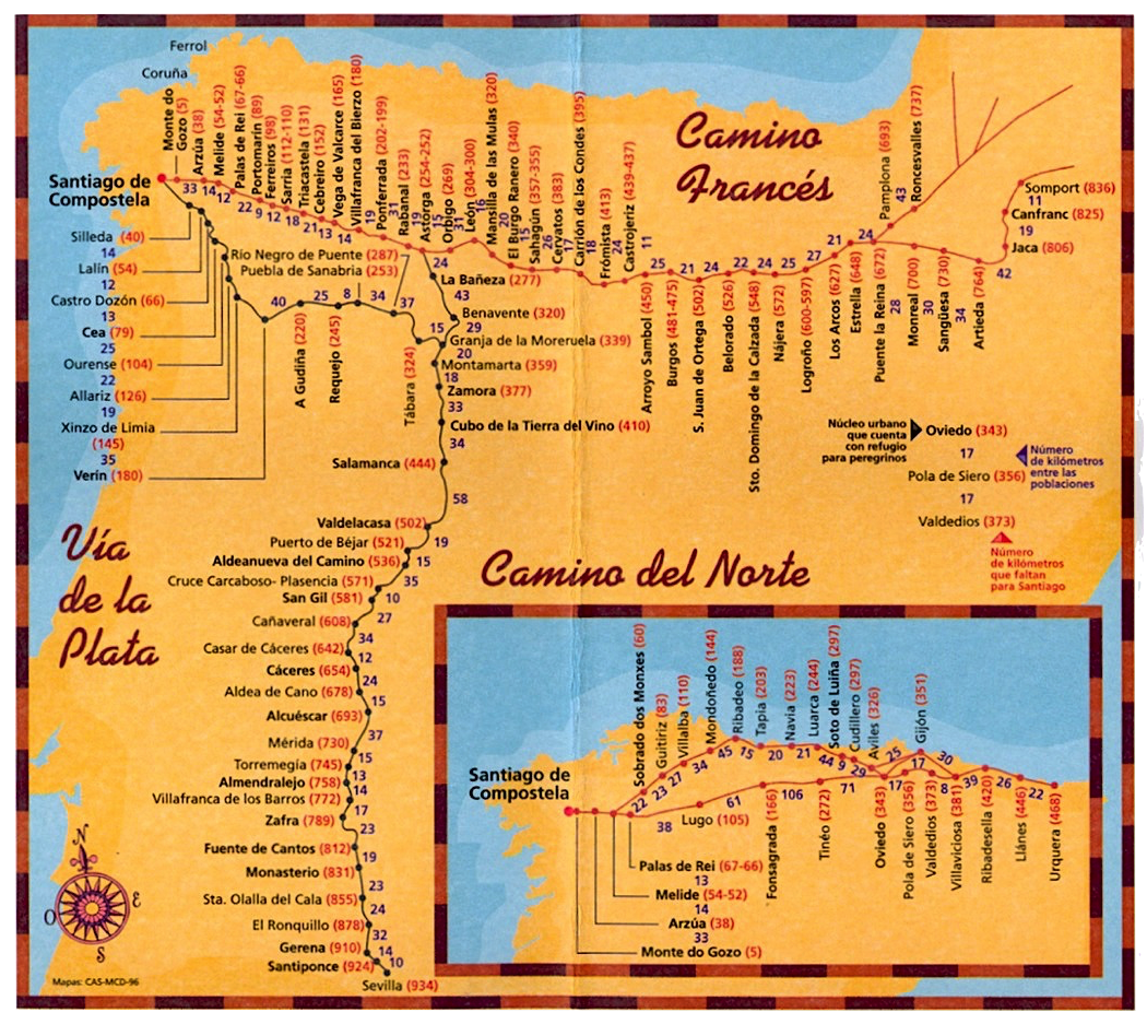 Mapa do Caminho de Santiago de Compostela: distâncias e rotas  Caminho de  santiago de compostela, Caminho de santiago, Caminho de santiago portugues